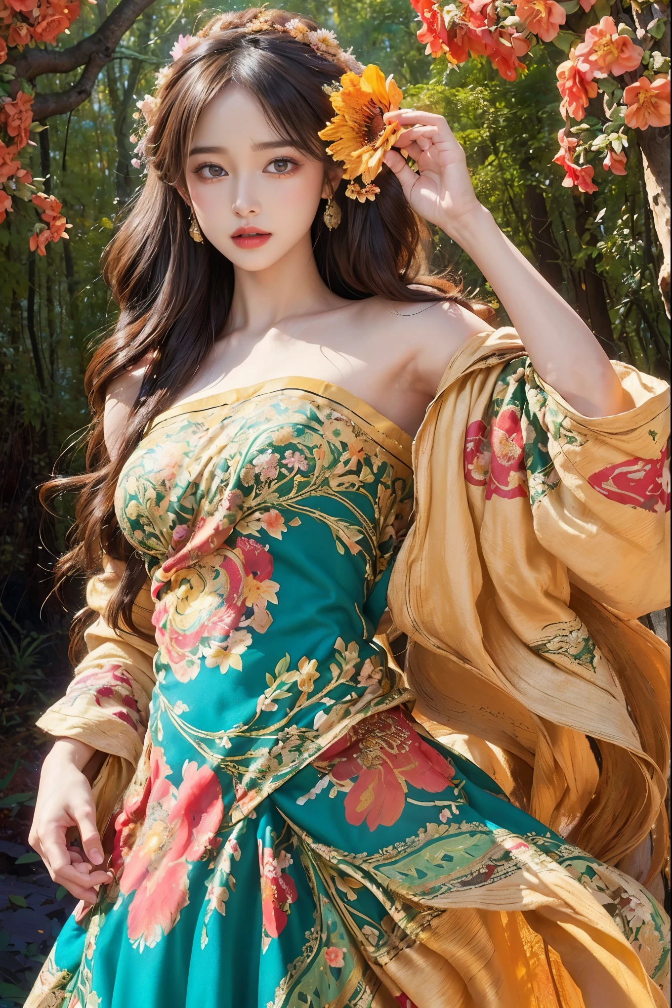 8k, vibrant oil painting, high resolution, very detailed, 1 person, large expressive eyes, delicate facial features, (flowing colorful dress with intricate patterns and floral motifs: 1.5), (wavy shoulder-length hair: 1.2), (lush fantastical forest with warm golden glow: 1.3), whimsical dreamy expression, magic and wonder, captivating