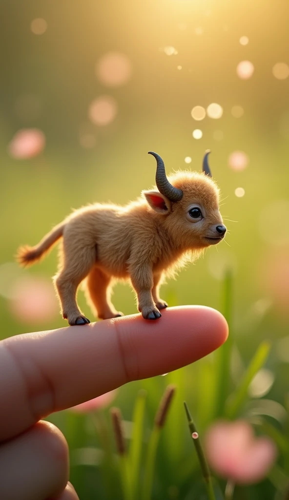 Photorealistic, 64k, A micro baby Buffalo perched on a human finger