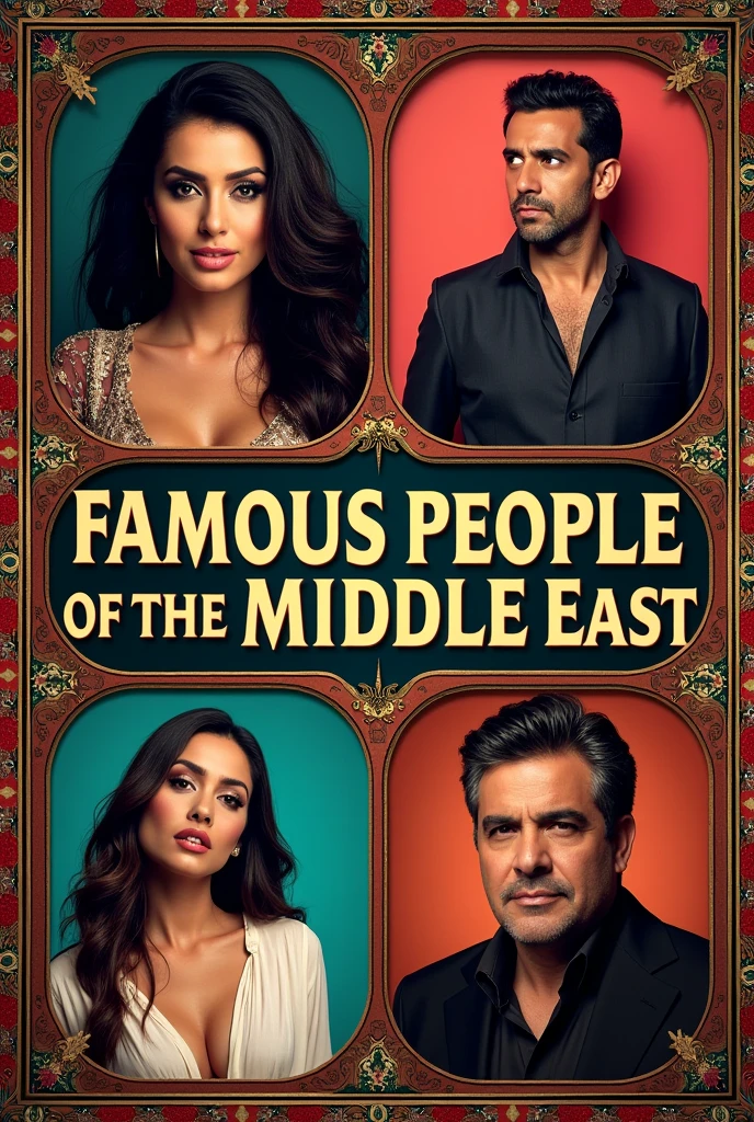 Create a poster featuring four Middle Eastern celebrities,The middle of the poster needs to say famous people middle east