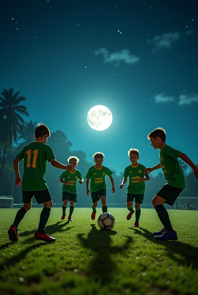 A football team gat green approne to play in a ground, and the ground under the moon playing football only boys taking penalty 

