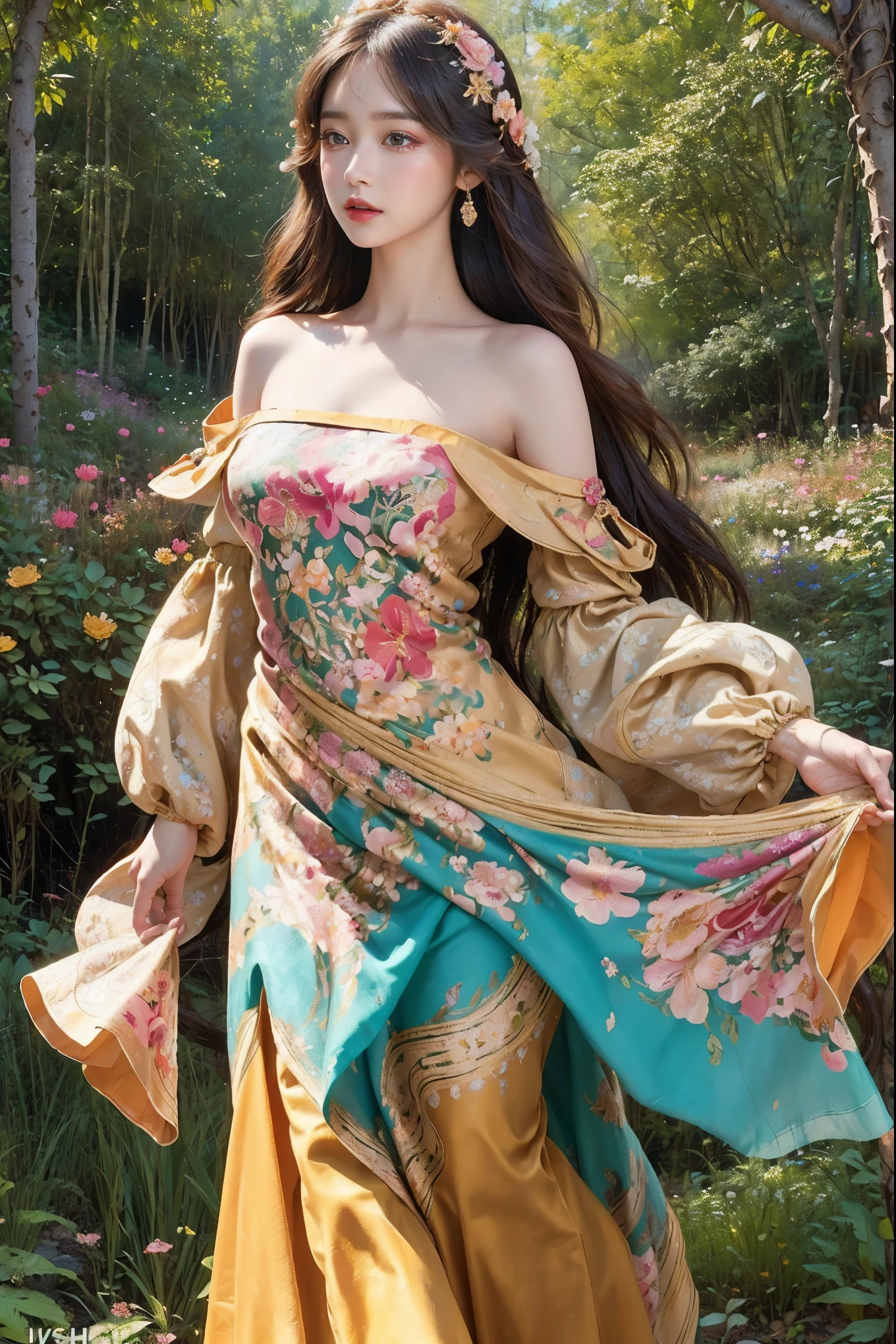 8k, vibrant oil painting, high resolution, very detailed, 1 person, large expressive eyes, delicate facial features, (flowing colorful dress with intricate patterns and floral motifs: 1.5), (wavy shoulder-length hair: 1.2), (lush fantastical forest with warm golden glow: 1.3), whimsical dreamy expression, magic and wonder, captivating