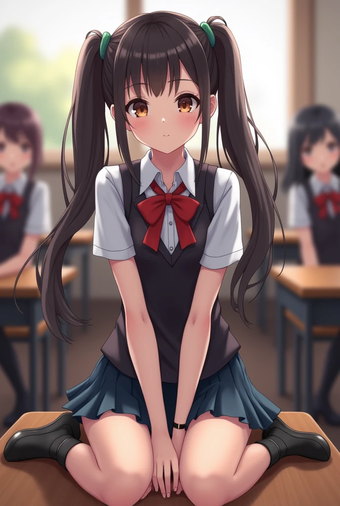 (One Girl), cute, (Very detailedBeautiful Face), Great face and eyes, (Highest quality:1.4), (Very detailed), (Very detailed CG 統合 8k 壁紙), Very detailed, High resolution raw color photos, Professional photography, Realistic portraits, Twin tails, (High School Uniform, Pleated mini skirt:1.3), (High School Uniform with wide open breasts:1.2), Sitting, (Spread your legs), Camel Toe, Depth of written boundary, School, classroom, (Beautiful Face:1.2), (From below:1.2)