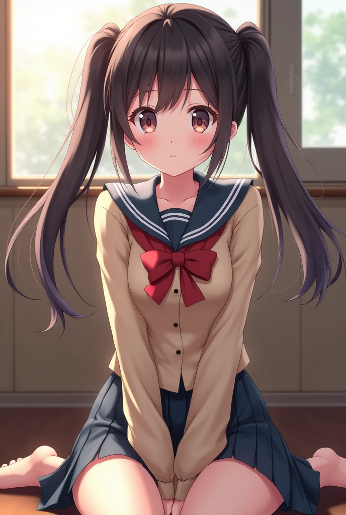 (One Girl), cute, (Very detailedBeautiful Face), Great face and eyes, (Highest quality:1.4), (Very detailed), (Very detailed CG 統合 8k 壁紙), Very detailed, High resolution raw color photos, Professional photography, Realistic portraits, Twin tails, (High School Uniform, Pleated mini skirt:1.3), (High School Uniform with wide open breasts:1.2), Sitting, (Spread your legs), Camel Toe, Depth of written boundary, School, classroom, (Beautiful Face:1.2), (From below:1.2)