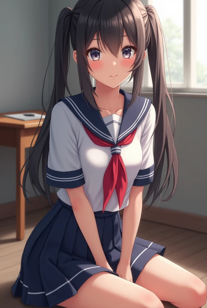 (One Girl), cute, (Very detailedBeautiful Face), Great face and eyes, (Highest quality:1.4), (Very detailed), (Very detailed CG 統合 8k 壁紙), Very detailed, High resolution raw color photos, Professional photography, Realistic portraits, Twin tails, (High School Uniform, Pleated mini skirt:1.3), (High School Uniform with wide open breasts:1.2), Sitting, (Spread your legs), Camel Toe, Depth of written boundary, School, classroom, (Beautiful Face:1.2), (From below:1.2)