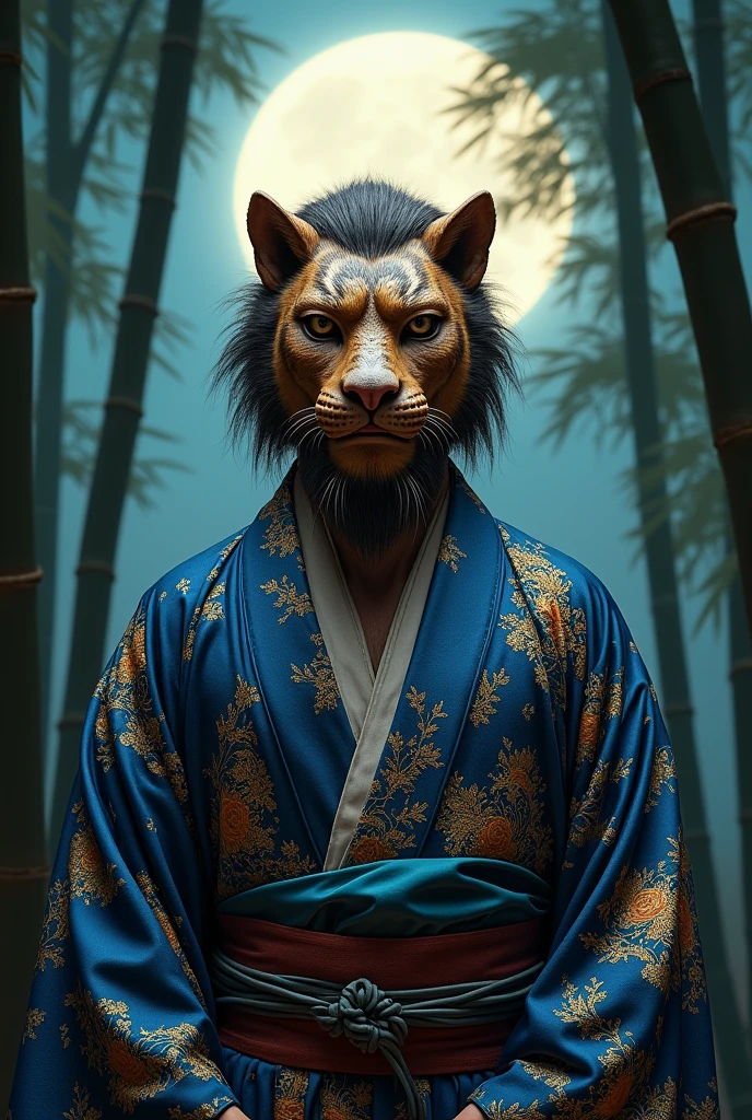A man wearing a mask depicting a lion&#39;s face。The mask is cut into an inverted U shape to reveal the man&#39;s nose and mouth.。Wearing a men&#39;s yukata。Front facing。
