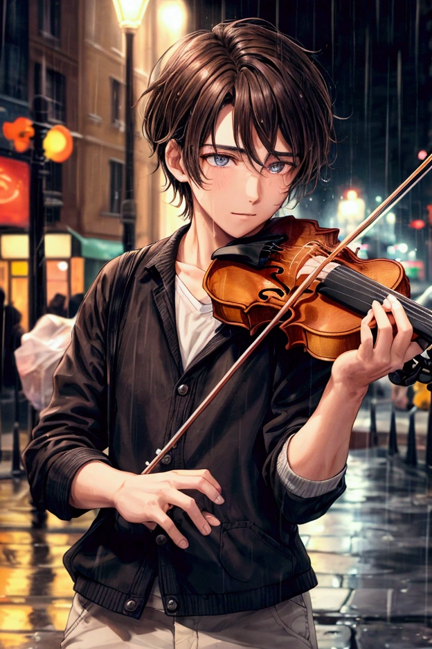 Close-up photo of a MAN on the street, playing violin on the night with pour rain, intricate detailes, has short, messy dark brown hair, amber-colored eyes, typical clothing like a street busker in Paris, France.