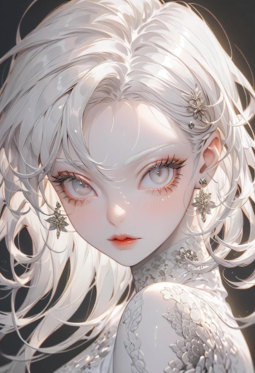 The background is the coast,(Highest quality,Very detailed,High resolution:1.2),Slim albino girl,Very short white hair,gray bangs,very_long white eyelashes, White eyebrows, White skin,Detailed lips, Cool look, Soft Skin, Shiny Hair,Exquisite makeup,Portrait