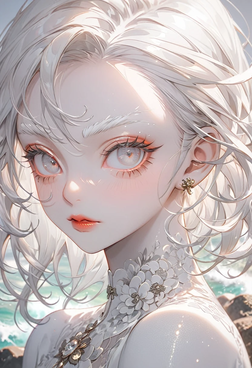 The background is the coast,(Highest quality,Very detailed,High resolution:1.2),Slim albino girl,Very short white hair,gray bangs,very_long white eyelashes, White eyebrows, White skin,Detailed lips, Cool look, Soft Skin, Shiny Hair,Exquisite makeup,Portrait