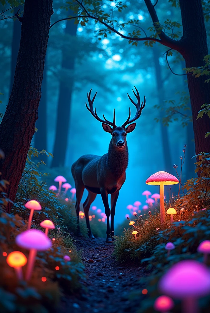 a glowing bioluminescent forest, bioluminescent mushrooms, bioluminescent plants, glowing bioluminescent flowers, a glowing bioluminescent deer, ultra-detailed, (best quality,4k,8k,highres,masterpiece:1.2),ultra-detailed,(realistic,photorealistic,photo-realistic:1.37),dramatic lighting,vibrant colors,cinematic composition