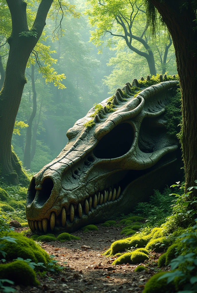 dragon head skull,on floor,pine forest, rock floor