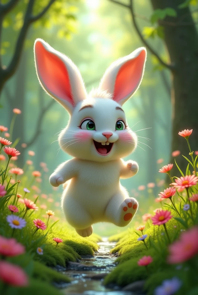 A Pixar white rabbit running in a forest, with a big ear 