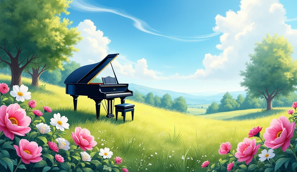 Bright summer daylight. A large black grand piano is placed in a sprawling flower garden, pink and white flowers are in full bloom, and soft sunlight is shining on them. The sky is a clear blue, with few clouds and strong sunlight casting shadows on the earth. The trees in the distance are dark green, expressing the vividness of summer. Overall, bright, warm light fills the scene, vividly depicting the beauty of nature.” Paint in the style of a watercolor painting.
