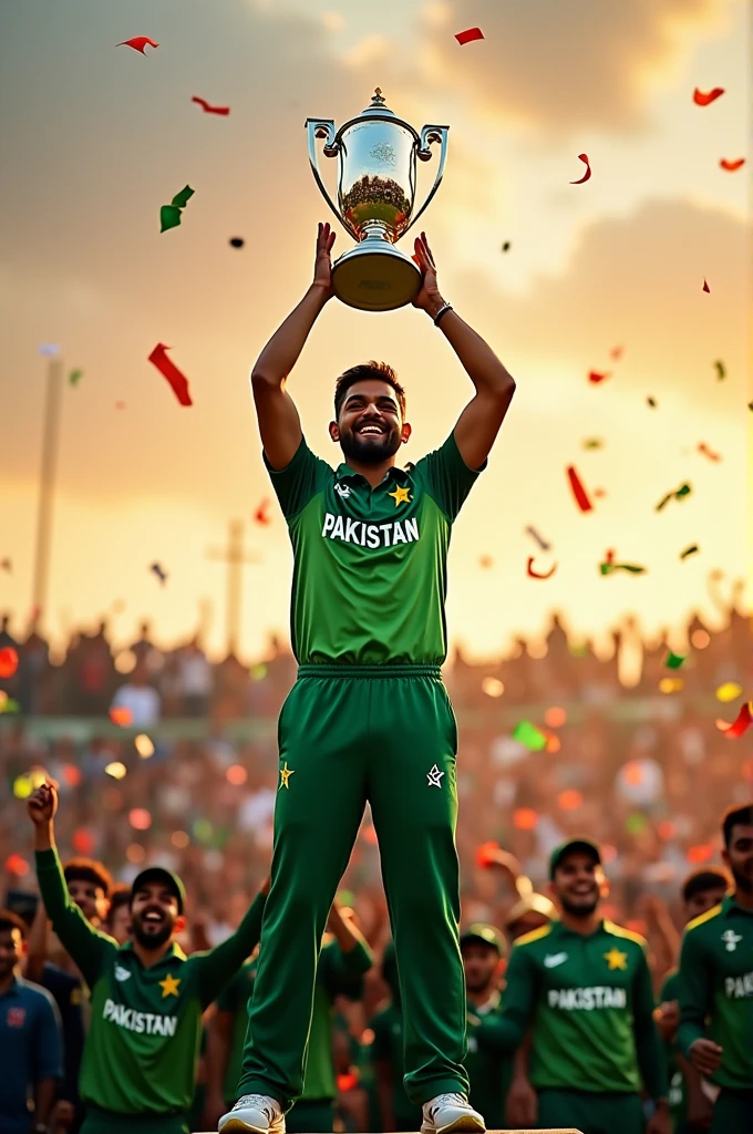 Babar Azam Pakistani captain is lifting icc champion trophy 