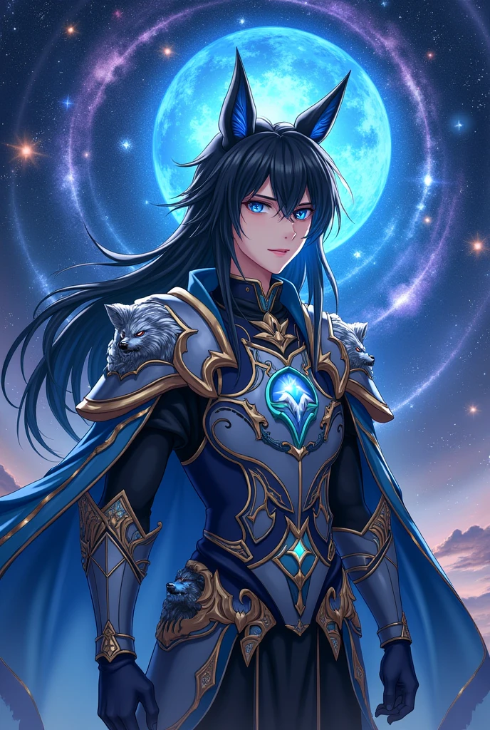 put the name: (The Eminent Divine Spirit), written in the drawing. Create a character, AGE HUMAN MALE WITH ARMOR WITH WOLF DESIGNS on the armor with traces of the drawing in JAPANESE ANIME style, IN a cosmic environment, long black hair with a cobalt blue streak in one hair, cobalt blue eyes. DON'T FORGET THE NAME: (The Eminent Divine Spirit)