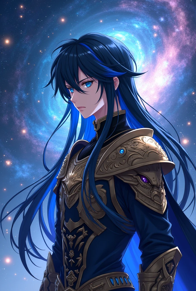 put the name: (The Eminent Divine Spirit), written in the drawing. Create a character, TEENAGE HUMAN MALE WITH ARMOR WITH WOLF DESIGNS on the armor with traces of the drawing in JAPANESE ANIME style, IN a cosmic environment, long black hair with a cobalt blue streak in one hair, cobalt blue eyes. DON&#39;T FORGET THE NAME: (The Eminent Divine Spirit)