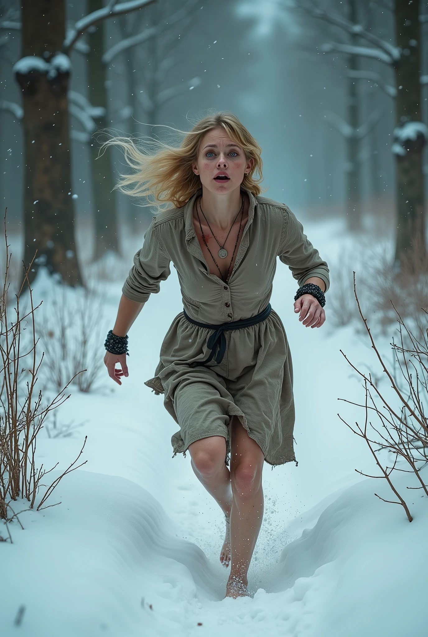 (((masterpiece))), (((Highest quality))), ((Very detailed)), (photograph), (photo:1.2) of a Russian gorgeous elder 50 years old running through the forest through snowdrifts, bare footed, Blondish, Medium-length hair without styling, Snow on wet hair, torn, Dirty, Bloodstained Short Long Sleeve Dress, Bracelet on the left wrist, necklace around the neck, His skin was covered with goosebumps, ((its snowing)), Running through a snowy forest barefoot in deep snow (The snow is almost knee-deep) In the middle of a winter forest, Looking Ahead, Snowy Wild Forest, It's cold, snowing, (run away quickly), ((frightened and distressed face:1.5)), Freezes, Lips turn blue, Thin body, shapely legs, steam from the mouth, stunned, frightened look, Deep Snow, Snowflakes fall, The elder body turns red, Cold, teardrops, hysterics, dread, The dress is torn, bruises, abrasions and bruises on the legs and face, (top_view_perspective:1.3), ((realistic hands)), (view from afar:1.5)