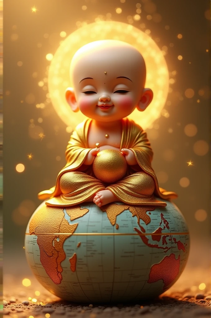  Buddha sitting on a round globe,smile,golden clothes,The whole back is sparkling,have a golden ball