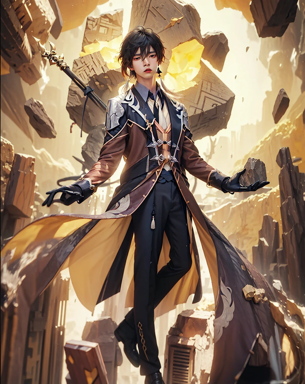 ((Zhongli morax_GENSHIN IMPACT)),((realistic, photorealistic)),(highlight hair)), Light reflection, (( HD )),((upper body)), (((best quality, masterpiece))), (masterpiece) (best quality) (detail) (8k) (HDR) (wallpaper) (cinematic lighting) (sharp focuasterpiece, best quality: 1.1), 1men solo, Zhongli, shadow,back light,Zhongli Spear genshin impact, sitting on a rock shaped like a larva's hand, a mountain rock ruin,Mountain rocks background,Stone-shaped hands, Real life adaption of this character, Asian teen beauty face, Shining Purple eyes, realistic outfit, realistic shadow, realistic light, realism, hyper realistic, realistic background,(photorealistic:1.2), masterpiece, best quality, 1boy, masterpiece, best quality, simple background, whole body, bangs, black_gloves, black_hair, brown_hair, gradient_hair, collared_shirt, earrings, eyebrows_visible_through_hair, formal, gloves, hair_between_eyes, holding, chinese_clothes, jacket, jewelry, long_hair, long_sleeves, male_focus, multicolored_hair, ponytail, single_earring, suit, tassel, tassel_earrings, whiskers, yellow_eyes, zhongli_\(genshin_impact\)best quality,masterpiece,absurbres,super-resolution,1boys,Zhongli \(genshin impact\),((long hair, black hair)),yellow eyes,calm,brown suit,white shirt,black pants,necktie,abs, 1boy, male focus,muscular, toned, pectorals, nipples, open mouth, solo, looking at viewer,gloves, solo, jewelry, male focus, earrings, tassel earrings, formal, ponytail, black gloves, tassel, long hair, single earring, looking at viewer, suit,Room background, glow effect, 1men solo, Zhongli, shadow,back light,Zhongli Spear genshin impact, sitting on a rock shaped like a larva's hand, a mountain rock ruin,Mountain rocks background,Stone-shaped hands,Floating cloak, spear sword, Flying,Glow effect,