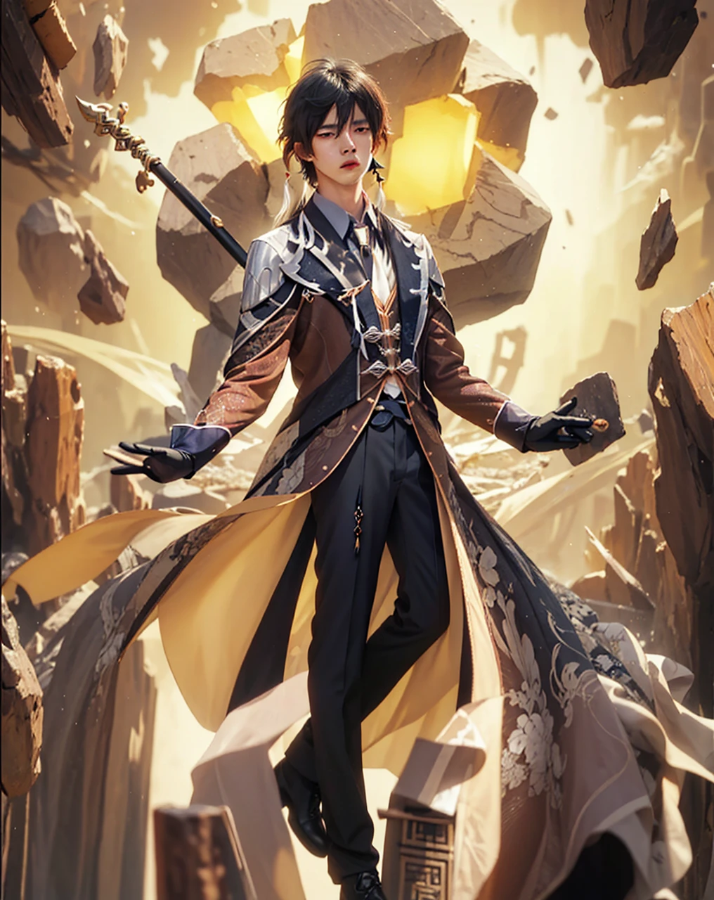 ((Zhongli morax_GENSHIN IMPACT)),((realistic, photorealistic)),(highlight hair)), Light reflection, (( HD )),((upper body)), (((best quality, masterpiece))), (masterpiece) (best quality) (detail) (8k) (HDR) (wallpaper) (cinematic lighting) (sharp focuasterpiece, best quality: 1.1), 1men solo, Zhongli, shadow,back light,Zhongli Spear genshin impact, sitting on a rock shaped like a larva's hand, a mountain rock ruin,Mountain rocks background,Stone-shaped hands, Real life adaption of this character, Asian teen beauty face, Shining Purple eyes, realistic outfit, realistic shadow, realistic light, realism, hyper realistic, realistic background,(photorealistic:1.2), masterpiece, best quality, 1boy, masterpiece, best quality, simple background, whole body, bangs, black_gloves, black_hair, brown_hair, gradient_hair, collared_shirt, earrings, eyebrows_visible_through_hair, formal, gloves, hair_between_eyes, holding, chinese_clothes, jacket, jewelry, long_hair, long_sleeves, male_focus, multicolored_hair, ponytail, single_earring, suit, tassel, tassel_earrings, whiskers, yellow_eyes, zhongli_\(genshin_impact\)best quality,masterpiece,absurbres,super-resolution,1boys,Zhongli \(genshin impact\),((long hair, black hair)),yellow eyes,calm,brown suit,white shirt,black pants,necktie,abs, 1boy, male focus,muscular, toned, pectorals, nipples, open mouth, solo, looking at viewer,gloves, solo, jewelry, male focus, earrings, tassel earrings, formal, ponytail, black gloves, tassel, long hair, single earring, looking at viewer, suit,Room background, glow effect, 1men solo, Zhongli, shadow,back light,Zhongli Spear genshin impact, sitting on a rock shaped like a larva's hand, a mountain rock ruin,Mountain rocks background,Stone-shaped hands,Floating cloak, spear sword, Flying,Glow effect,