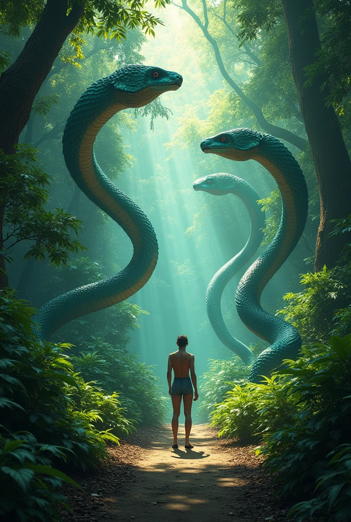 On pourrait imaginer une scène où une personne se trouve au milieu de serpents géants, peut-être dans une jungle dense ou un environnement exotique. Les serpents, aux écailles brillantes et aux mouvements fluides, créent une atmosphère à la fois impressionnante et inquiétante. La personne, dotée de courage ou d'un calme stoïque, semble soit en train de négocier avec ces créatures impressionnantes, soit en train de chercher un moyen de s'échapper. L'ambiance pourrait être accentuée par la lumière filtrée à travers la canopée, créant des ombres mystérieuses sur le sol.