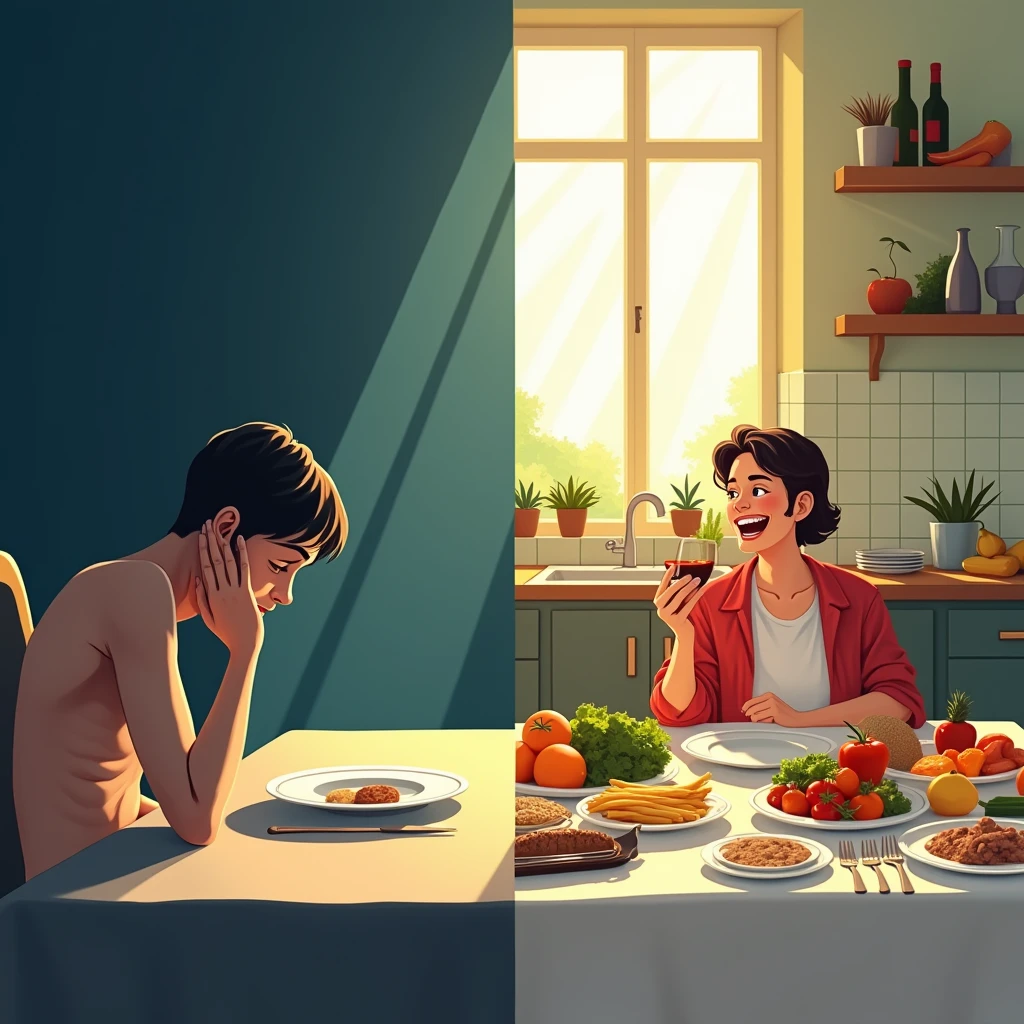 Illustration of Myths and Facts About Diet
This image shows two parts, one side depicts the myth with visuals such as an empty plate or someone looking hungry, while the other side shows the facts, with a plate full of healthy food and a person looking happy and content.