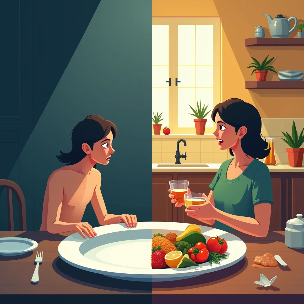 Illustration of Myths and Facts About Diet
This image shows two parts, one side depicts the myth with visuals such as an empty plate or someone looking hungry, while the other side shows the facts, with a plate full of healthy food and a person looking happy and content.