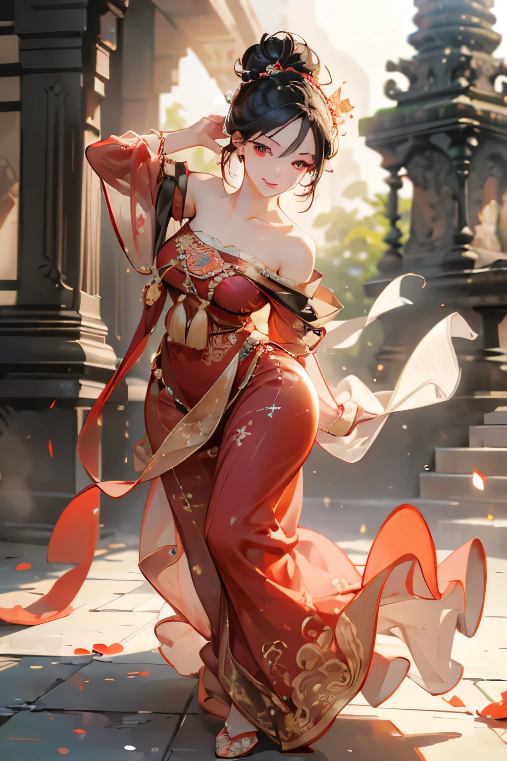 Best quality, masterpiece, ultra high res, (photorealistic:1.4), raw photo, 1girl, red thick kebaya, off shoulder, black eyes, blossom flower field, glowing skin, big black bun hair, light smile, dancing pose, accurate, detailed hand, detailed eyes, detailed face, detailed body, javanese style, prambanan temple