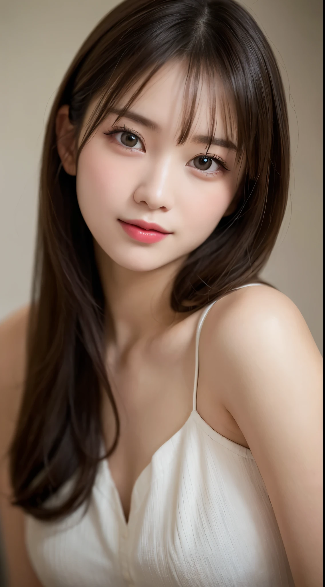Highest quality, shape, Very detailed, In detail, High resolution, 8k wallpaper, Perfect dynamic composition, Beautiful attention to detail, ランダムなcute髪,,Natural color lip,smile、20-year-old girl、cute、常にBlur the background,Perfect and beautiful face,Photograph only the face,Beautiful and elaborate face、Slim face and shape,Big eyes、Putting on gal makeup,Blur the background,Blur the background,Face close-up、Real human skin,Detailed skin:1,4、RAW Photos、Actual photo、Bedroom、Twilight Room