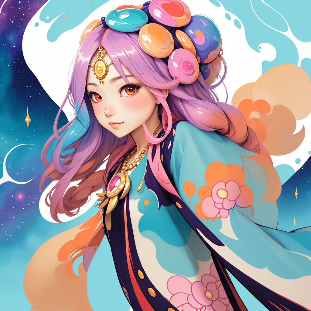 Close-up of a woman with rich and colorful hair and necklace, Anime girl with cosmic long hair, Rossdraws Soft Vitality, Gouviz-style artwork, Fantasy art style, rich and colorful], Vibrant fantasy style, Rossdraws Vibrant cartoons, cosmic and rich and colorful, Gu Weiss, rich and colorful digital fantasy art, Stunning art style, Beautiful anime style, Shiny hair