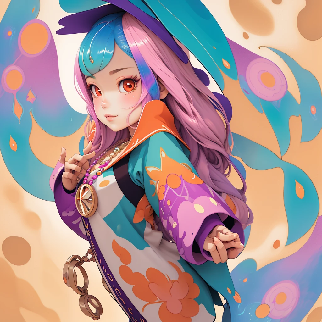 Close-up of a woman with rich and colorful hair and necklace, Anime girl with cosmic long hair, Rossdraws Soft Vitality, Gouviz-style artwork, Fantasy art style, rich and colorful], Vibrant fantasy style, Rossdraws Vibrant cartoons, cosmic and rich and colorful, Gu Weiss, rich and colorful digital fantasy art, Stunning art style, Beautiful anime style, Shiny hair