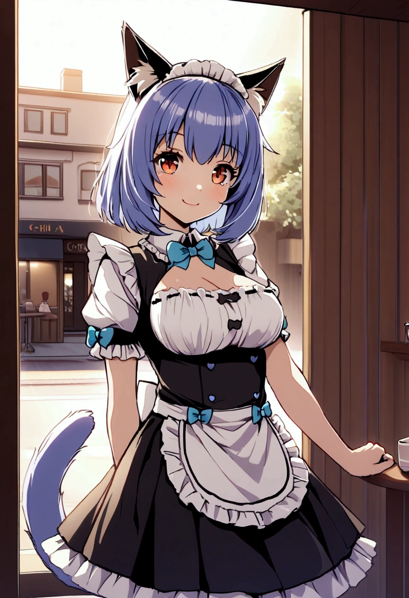 ((((Cinnamon)))), gurl with short lavender blue hair, amber eyes,big pony tail, (((floppy cat ears))), cat tail, maid uniform, big breasts, cafe on background, smile