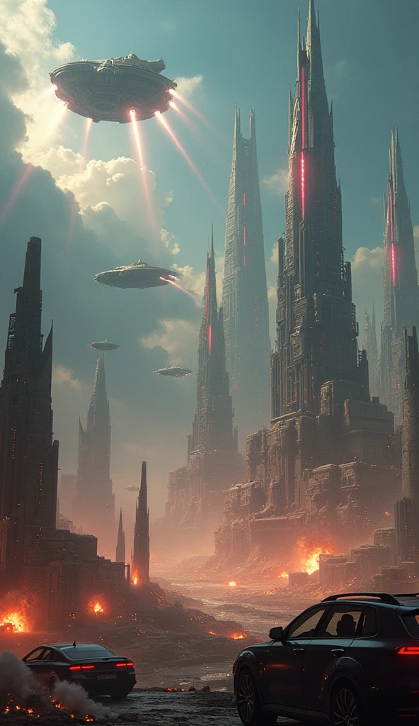 Generate a 4K, ultra-realistic image of Nova Aeterna under siege. The cityscape features futuristic spires and energy shields, with alien ships attacking from above. Explosions and energy beams light up the sky, with the city's defenses actively engaging. On the ground, humans and aliens fight amidst futuristic vehicles and weapons. Emphasize the detailed architecture of the city, realistic effects of explosions and energy, and the intense, dynamic battle scene