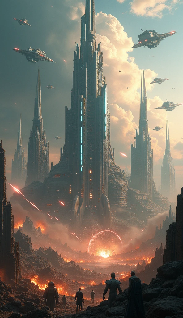 Generate a 4K, ultra-realistic image of Nova Aeterna under siege. The cityscape features futuristic spires and energy shields, with alien ships attacking from above. Explosions and energy beams light up the sky, with the city's defenses actively engaging. On the ground, humans and aliens fight amidst futuristic vehicles and weapons. Emphasize the detailed architecture of the city, realistic effects of explosions and energy, and the intense, dynamic battle scene