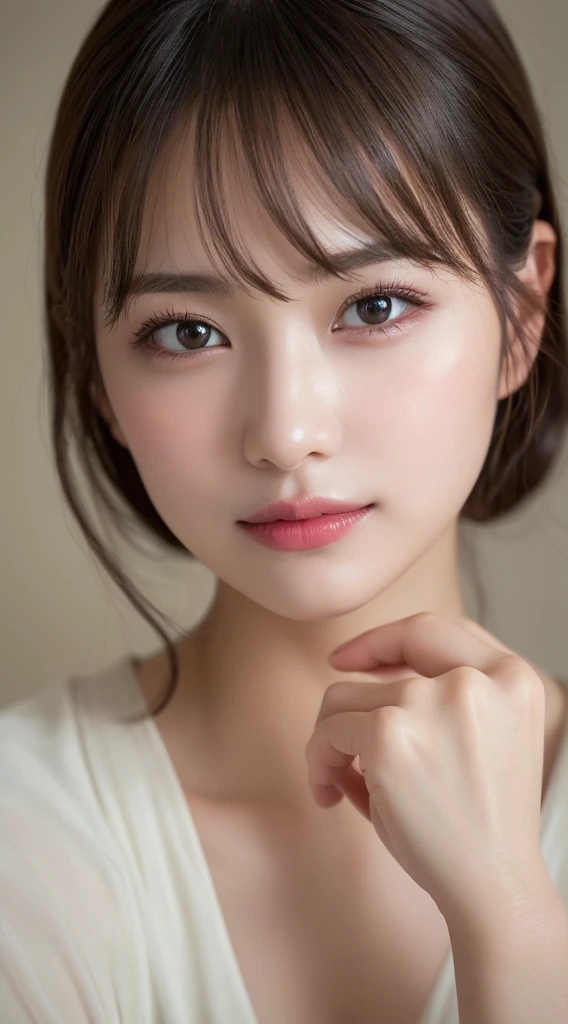 Highest quality, shape, Very detailed, In detail, High resolution, 8k wallpaper, Perfect dynamic composition, Beautiful attention to detail, ランダムなcute髪,,Natural color lip,smile、20-year-old girl、cute、常にBlur the background,Perfect and beautiful face,Photograph only the face,Beautiful and elaborate face、Slim face and shape,Big eyes、Putting on gal makeup,Blur the background,Blur the background,Face close-up、Real human skin,Detailed skin:1,4、RAW Photos、Actual photo、Bedroom、Twilight Room
