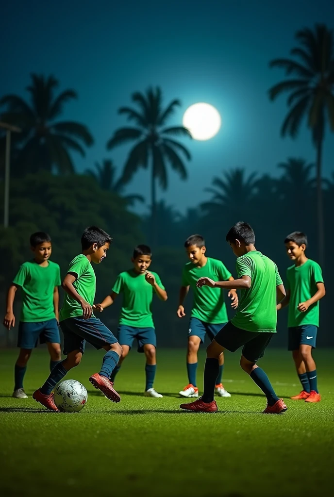 A football team gat green approne to play in a ground, and the ground under the moon playing football only boys taking penalty in Bangladesh