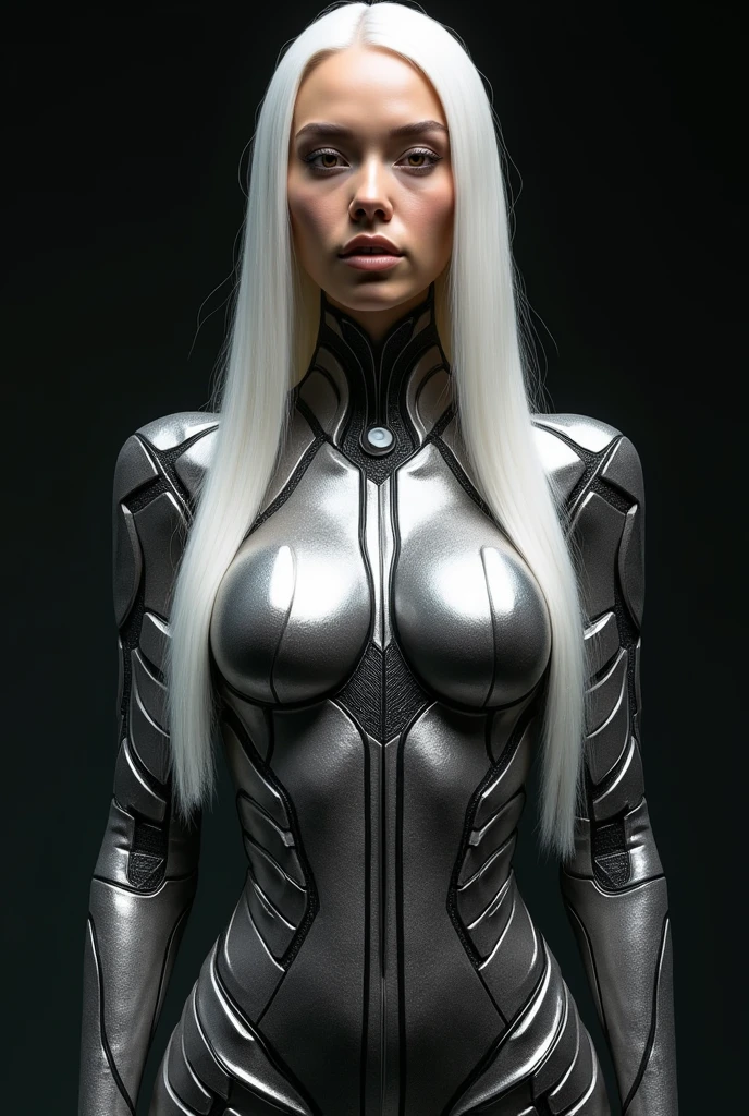 "A full-body image of a futuristic female figure standing upright, combining the elegance of a South American model with advanced AI characteristics. Her entire body is slender and features a design that merges technology with human beauty. Her skin has a metallic tone with a sophisticated pattern in silver and black, seamlessly integrated to form her clothing, as if her skin itself is her attire. Geometric lines interlace in a design reminiscent of ultra-modern armor, covering her body from head to toe. Her face, however, retains a more natural skin tone resembling that of a South American model, blending with the metallic textures around it, creating a striking contrast between human and AI elements. Her hair is long, straight, and pure white, falling softly around her face and down her back, contrasting strongly with both the natural and metallic tones. Her eyes reflect advanced artificial intelligence, glowing with a metallic hue that suggests her analytical capabilities and connection to cutting-edge technology. The overall image is powerful and elegant, showing an entity that is both aesthetically beautiful and highly advanced, standing tall and visible from head to toe, with a perfect fusion of skin, technology, and clothing."

