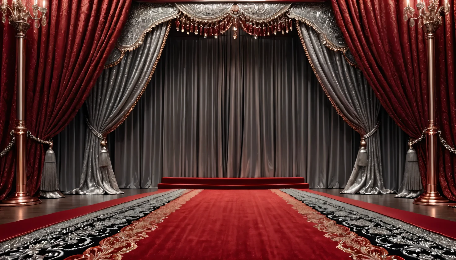 awarding, elegant stage, with elegant curtain, present time, modern, dim background, copper and silver color, with red carpet, intricate details, 4k, highly detailed