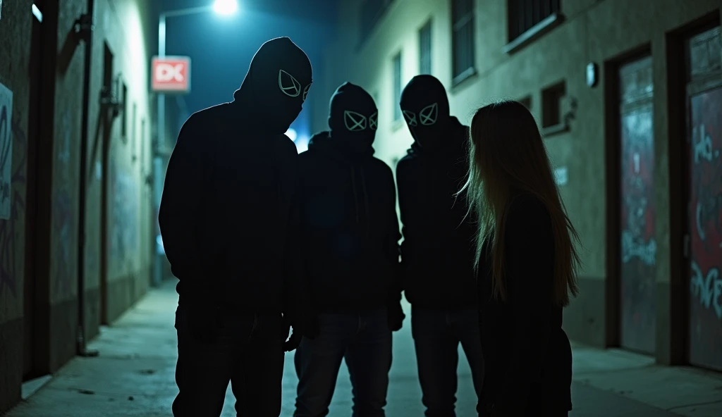 3 famme qui porte une cagoule et qui porte des gants pour kinape une famme dans la rue 