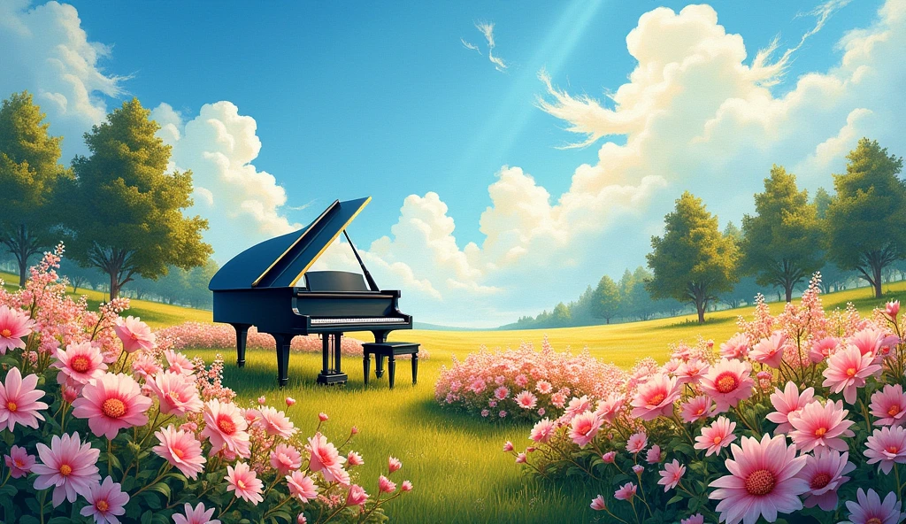 Bright summer daylight. A large black grand piano is placed in a sprawling flower garden, pink and white flowers are in full bloom, and soft sunlight is shining on them. The sky is a clear blue, with few clouds and strong sunlight casting shadows on the earth. The trees in the distance are dark green, expressing the vividness of summer. Overall, bright, warm light fills the scene, vividly depicting the beauty of nature.” Paint in the style of a watercolor painting.