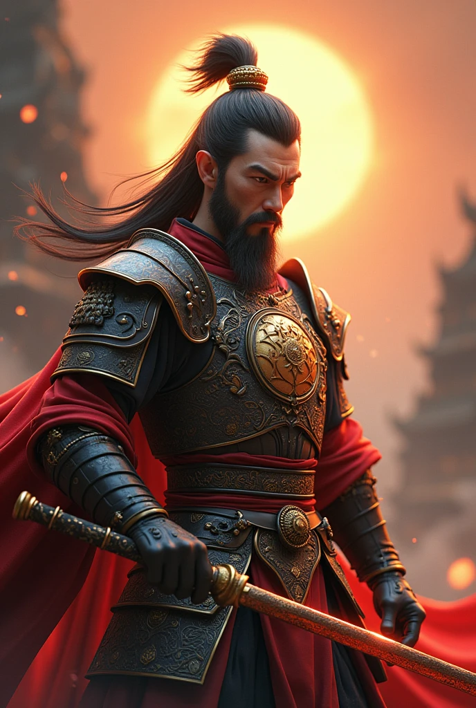 Sun Wukong bard, 3D style face, fierce eyes, holding a golden and red long stick in his hand, wearing Chinese ancient costume armor,epic scene, dark fantasy style, holographic light and shadow, holographic halo, rich background,photo realistic photo , Hyperrealistic, Artgem with Yoi Shinkawa and Hyung - Tae Kim Drawing, Effects Rich, 3D Art, OC Renderer Rendering, Realistic Details, Extremely Fine Detail, Detailed Description, Unreal Engine,Front View, Full Body Shot, Natural Light, Good Viewing angle,