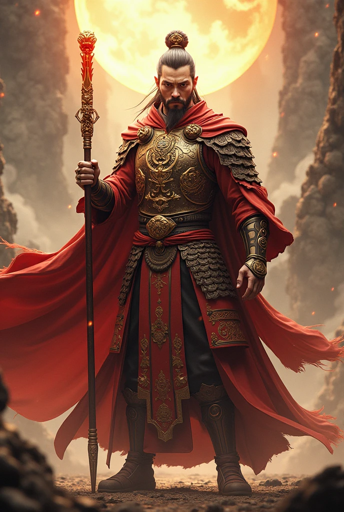 Sun Wukong bard, 3D style face, fierce eyes, holding a golden and red long stick in his hand, wearing Chinese ancient costume armor,epic scene, dark fantasy style, holographic light and shadow, holographic halo, rich background,photo realistic photo , Hyperrealistic, Artgem with Yoi Shinkawa and Hyung - Tae Kim Drawing, Effects Rich, 3D Art, OC Renderer Rendering, Realistic Details, Extremely Fine Detail, Detailed Description, Unreal Engine,Front View, Full Body Shot, Natural Light, Good Viewing angle,