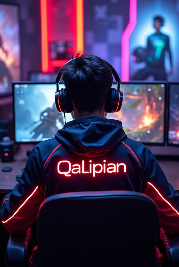 A young man gamer wearing esports jacket with a name of "QaLipian" at the back
