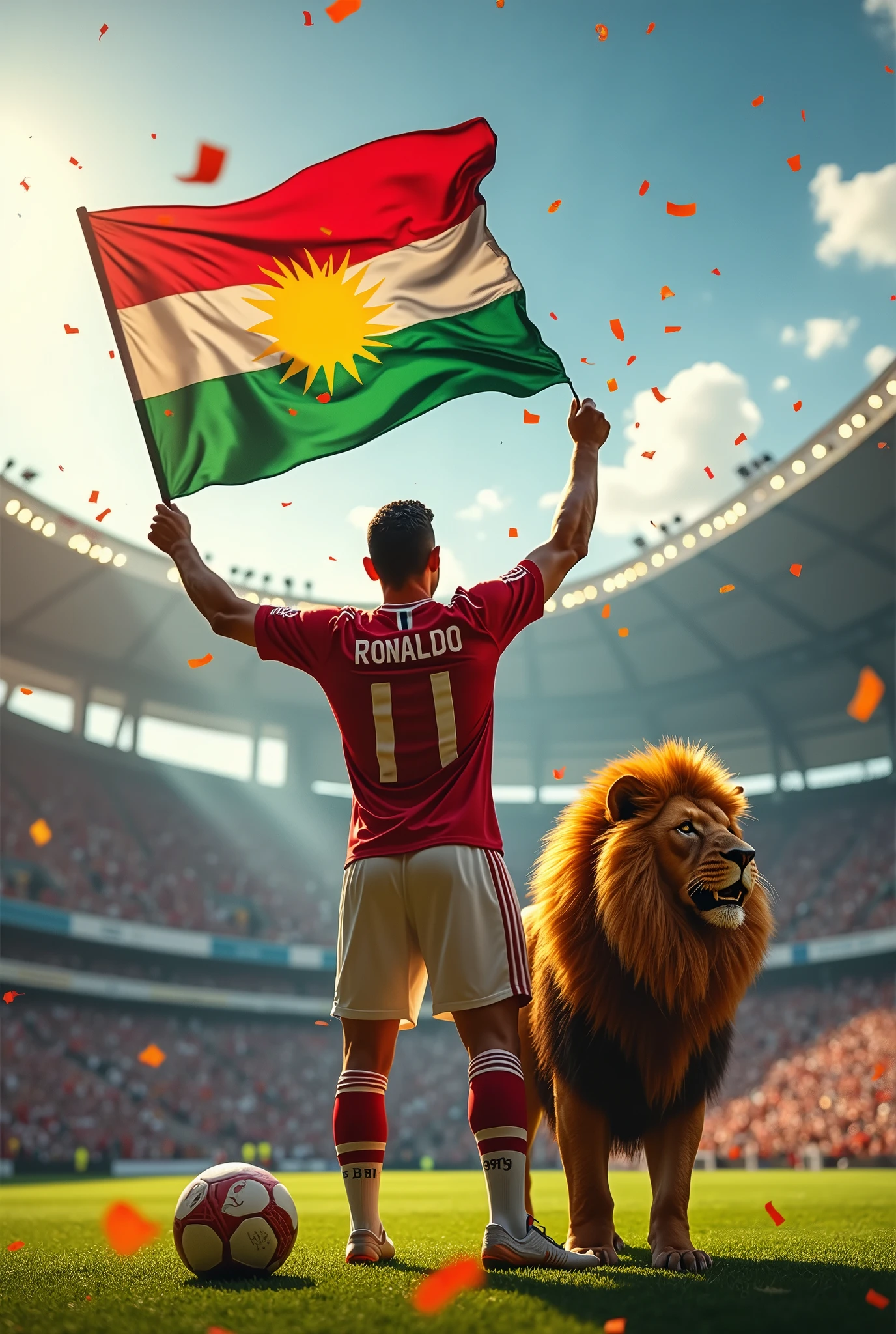 draw a picture that includes footballer Cristiano Ronaldo and a lion with colour of red, yellow and green. Kurdistan Federal Govermant's flag will be on hands of Ronaldo.