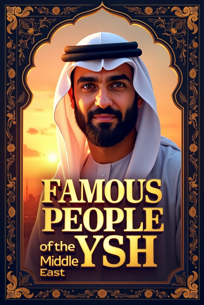 Create a poster featuring a Middle Eastern celebrity,The middle of the poster needs to say famous people middle east