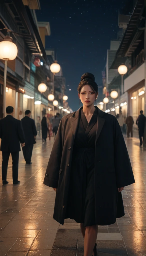 A Beautiful woman, giant breast, japan black big bun hairdo, coat, walking through sea of human, night, light lamp, crowded, photoshoot, beautiful face