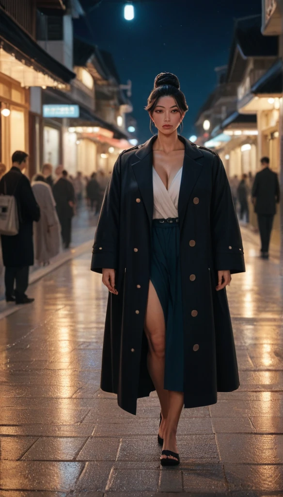 A Beautiful woman, giant breast, japan black big bun hairdo, coat, walking through sea of human, night, light lamp, crowded, photoshoot, beautiful face