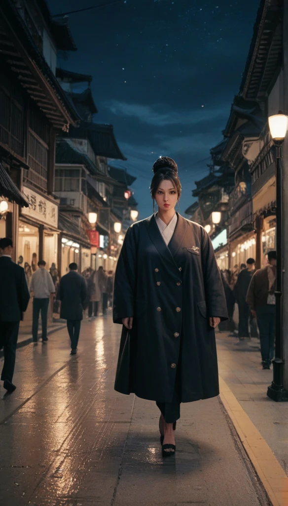 A Beautiful woman, giant breast, japan black big bun hairdo, coat, walking through sea of human, night, light lamp, crowded, photoshoot, beautiful face