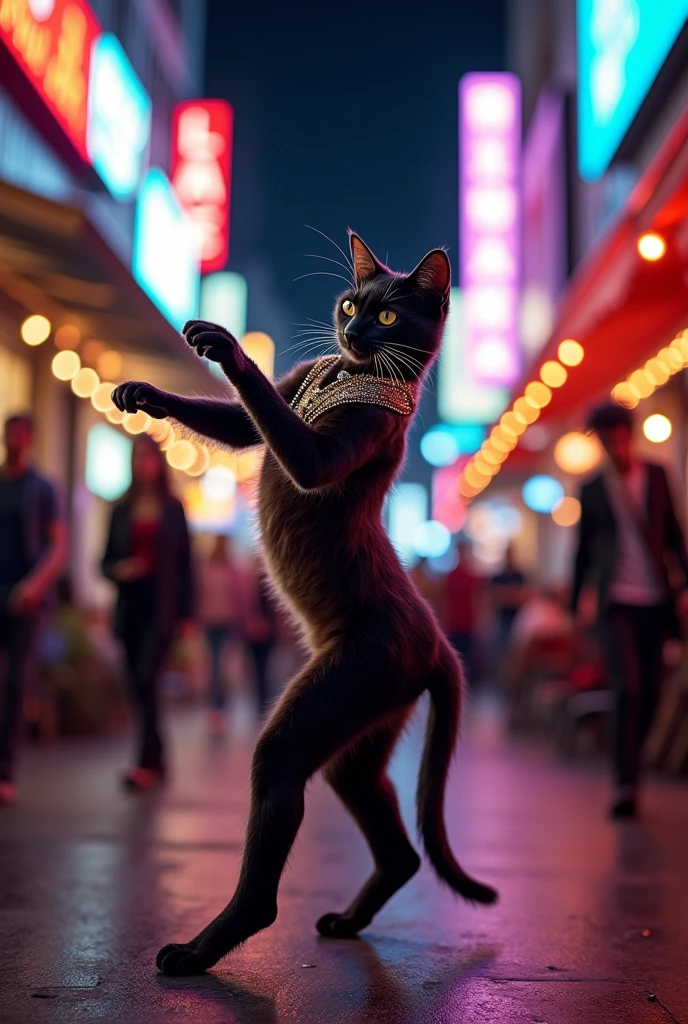 dancing cat in the night city street similar to jennifer lopez