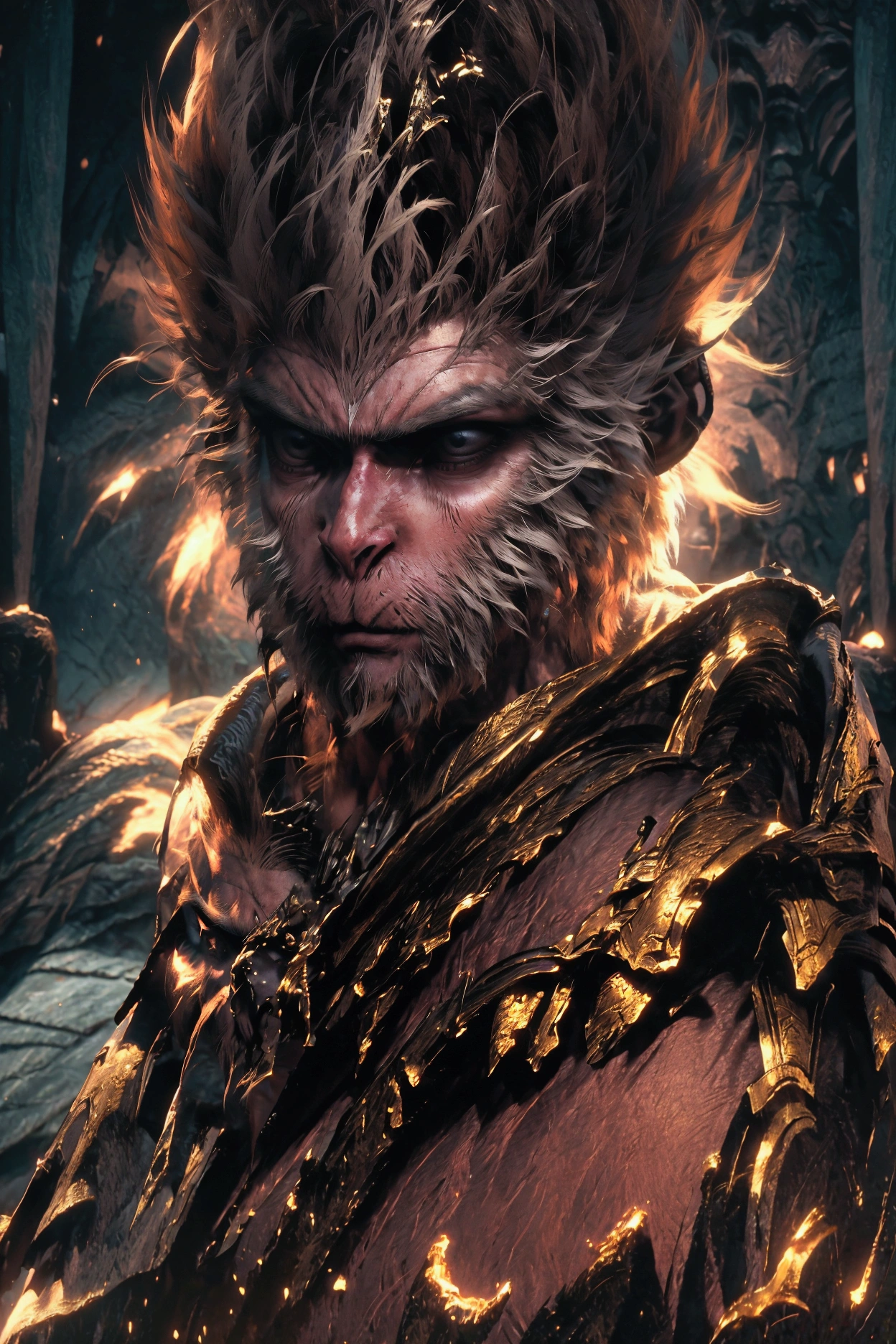 Sun Wukong, the legendary Monkey King, adorned in intricate full body armor with a striking gold and black color scheme. Hyper-realistic photography capturing every detail of his fierce expression and battle-ready stance. Cinematic lighting dramatically illuminates the ornate patterns on his armor and highlights his iconic features. Ultra-high resolution rendering showcasing minute details such as individual hairs, armor engravings, and textured fabrics. Masterfully created in Unreal Engine for photorealistic quality.