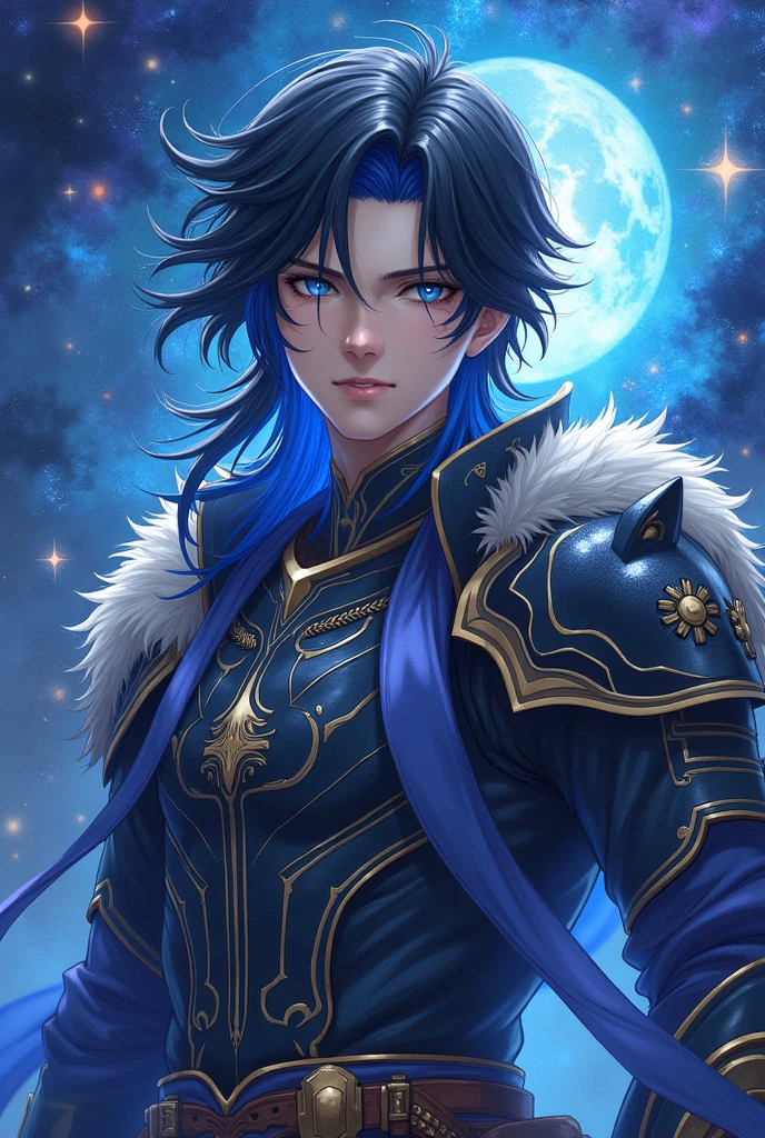 put the name: (The Eminent Divine Spirit), written in the drawing. Create a character, TEENAGE HUMAN MALE WITH ARMOR WITH WOLF DESIGNS on the armor with traces of the drawing in JAPANESE ANIME style, IN a cosmic environment, long black hair with a cobalt blue streak in one hair, cobalt blue eyes. DON&#39;T FORGET THE NAME: (The Eminent Divine Spirit)